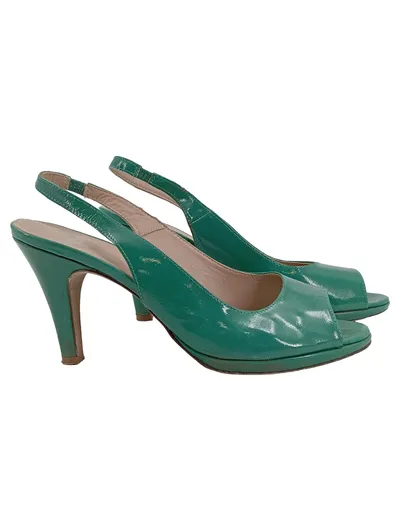 Minozzi Milano Slingback Pumps Damen Gr. 40 Grün Lackleder Peeptoe 9cm