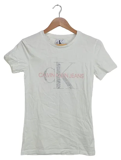 Calvin Klein Jeans Damen T-Shirt Weiß S Logo Print Baumwolle Casual