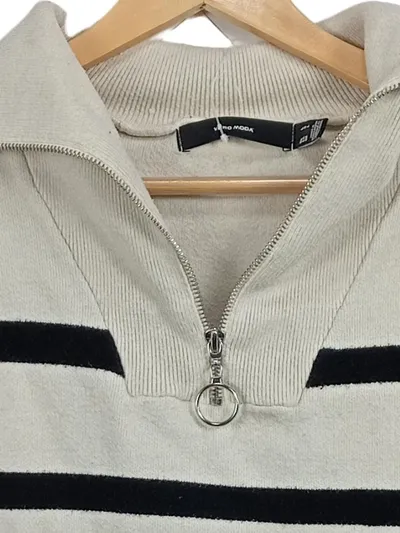 VERO MODA Damen Pullover Gr. L Beige Gestreift Troyer Reißverschluss