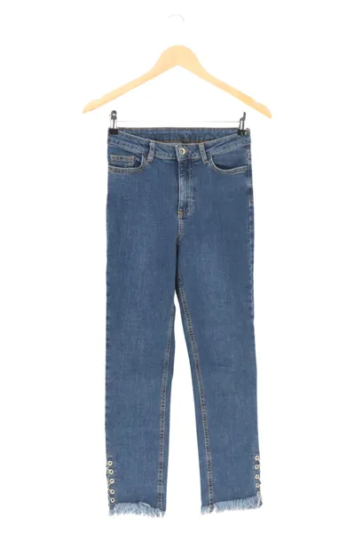 CALZEDONIA Damen Jeans Straight Leg S W27/36 Blau mit Zierknöpfen Fransen
