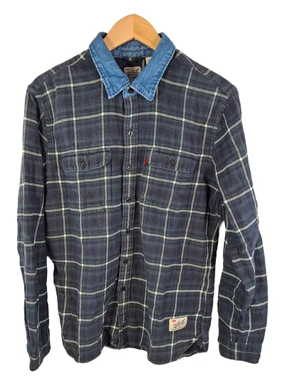 Levi's Herren Flanellhemd Kariert Blau Gr. M Denim-Kragen Baumwolle