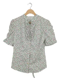 Almsach Trachtenbluse Damen Blumenmuster Rüschen Kurzarm Baumwolle Weiß S 1