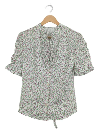 Almsach Trachtenbluse Damen Blumenmuster Rüschen Kurzarm Baumwolle Weiß S