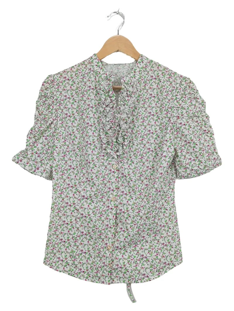 Almsach Trachtenbluse Damen Blumenmuster Rüschen Kurzarm Baumwolle Weiß S 1