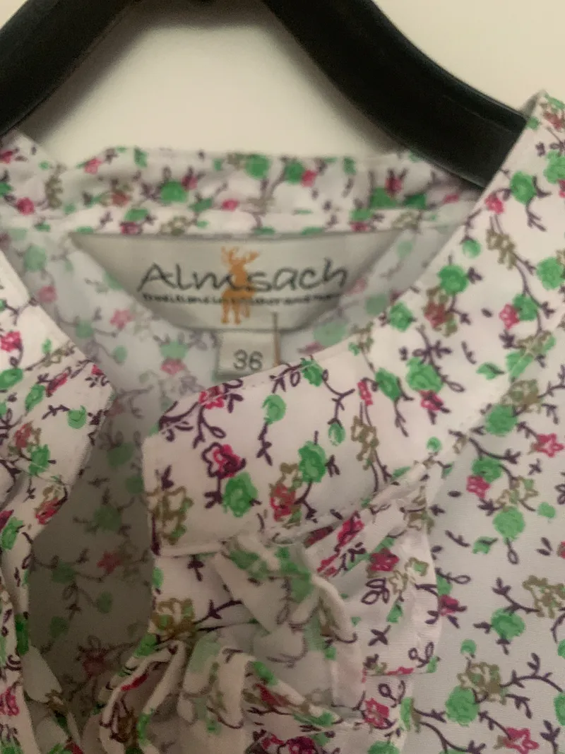 Almsach Trachtenbluse Damen Blumenmuster Rüschen Kurzarm Baumwolle Weiß S 5