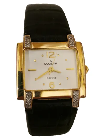 Dugena Damenuhr Karat Elegant Schwarz Leder Armbanduhr Strasssteine