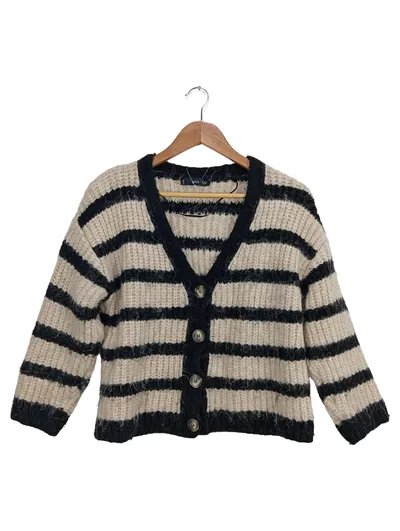 MNG Strickjacke Damen Beige Gestreift 3/4 Arm Gr. 34 XS Casual