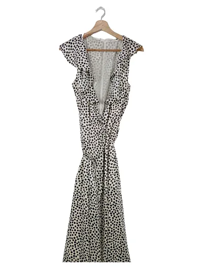 MANGO Maxikleid Damen 38/M Beige Gepunktet Sommerkleid Freizeit Rüschen