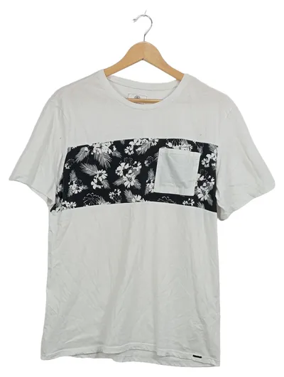 On The Byas Herren T-Shirt Gr. L Weiß Blumenmuster Brusttasche Casual