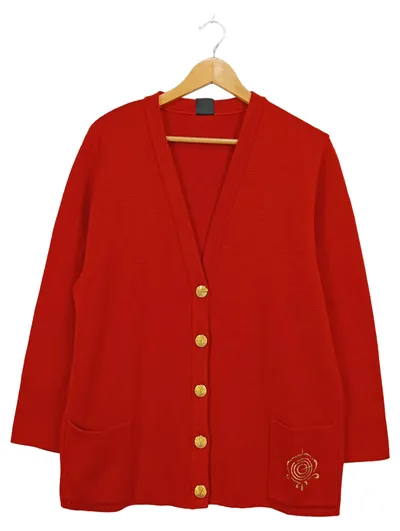 Aspa Lady-Strick Strickjacke Damen Gr. 44 Rot Goldknöpfe Vintage