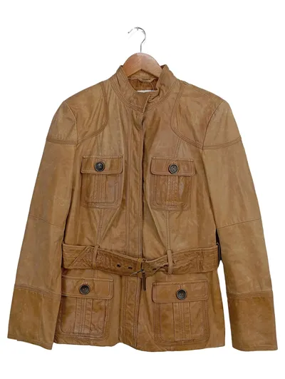 ZARA Damen Lederjacke Braun XL Casual Modern mit Gürtel