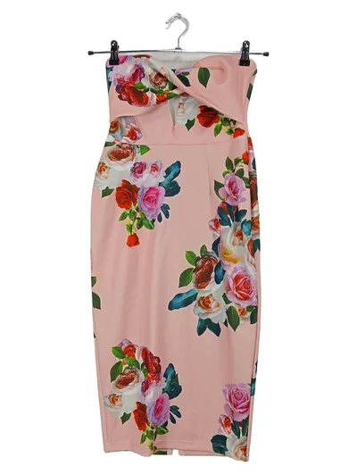ASOS Damen Sommerkleid Trägerlos Blumenmuster Rosa Gr. 38 Midikleid