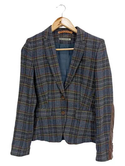 DRYKORN Damen Blazer Gr. 38/M Kariert Wolle Lederpatches Blau
