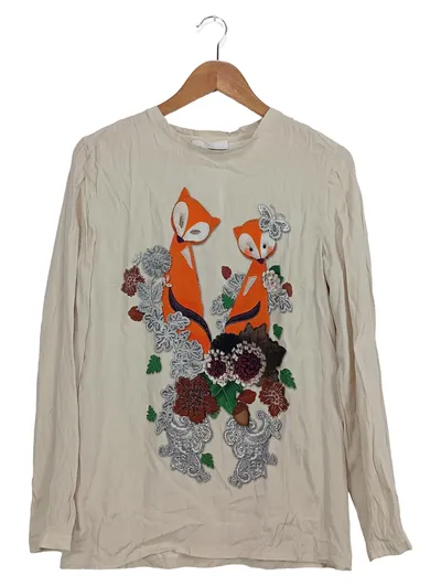Nice Connection Damen Langarmshirt Gr. 40/L Beige Fuchs Blumen Motiv Casual