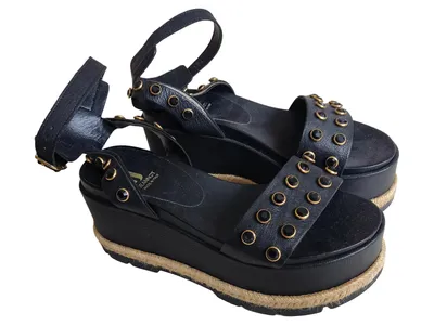 Jeannot Plateausandalen Damen 37 Schwarz Casual Nieten Bastsohle