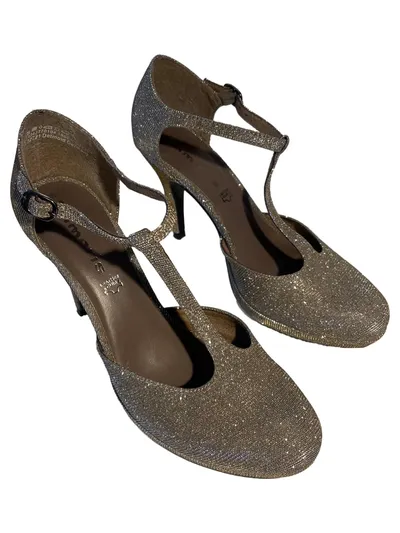 Tamaris Peeptoe Pumps Damen Gr. 39 Gold Glitzer Elegant T-Spange Festlich
