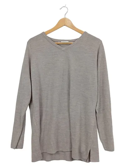 CANDA C&A Damen Pullover V-Ausschnitt Gr. 44/46 Beige Langarm Basic