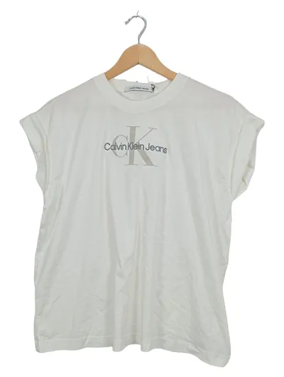 Calvin Klein Jeans Damen T-Shirt Weiß Logo-Print Gr. M Ärmellos