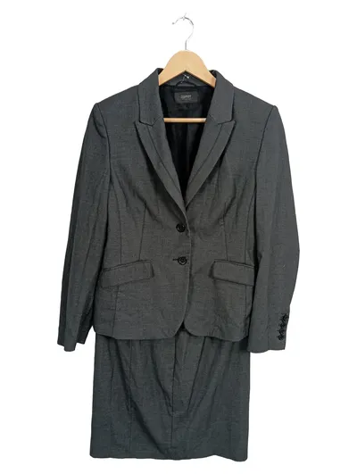 Esprit Damen Kostüm Rock Blazer Set Gr. 38 Grau Business Anzug