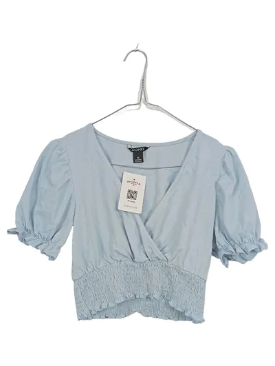 Monki Damen Bluse Crop Top Raffungen Rüschen Kurzarm Blau Gr. XS 34