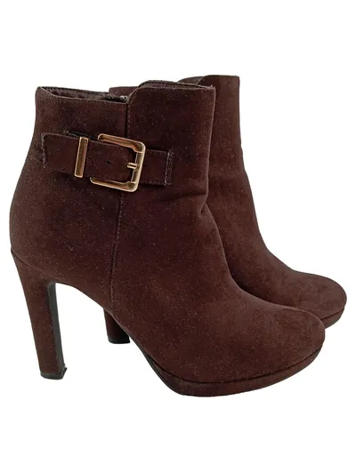 Buffalo Damen Stiefelette Braun Gr. 36 Wildleder High Heel Schnalle