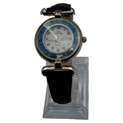 Carlo Cantinaro Damen Armbanduhr Quarz Türkis Zierrand Lederarmband Schwarz