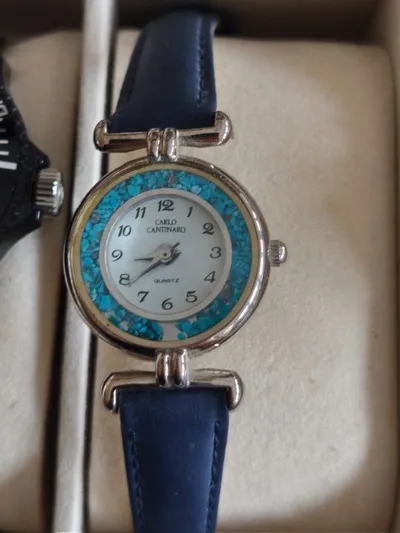 Carlo Cantinaro Damen Armbanduhr Quarz Türkis Zierrand Lederarmband Schwarz