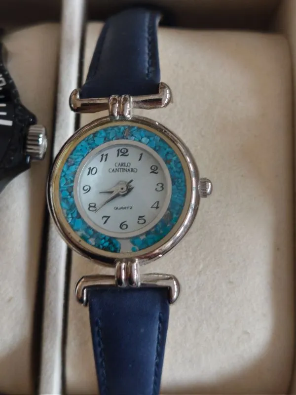Carlo Cantinaro Damen Armbanduhr Quarz Türkis Zierrand Lederarmband Schwarz 2