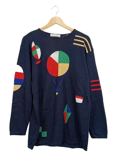 Malina Wong Damen Pullover Gr. 40/L Blau Geometrisch Retro Vintage