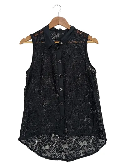 CraSy.World Damen Spitzenbluse Schwarz Ärmellos Gr. L Elegant