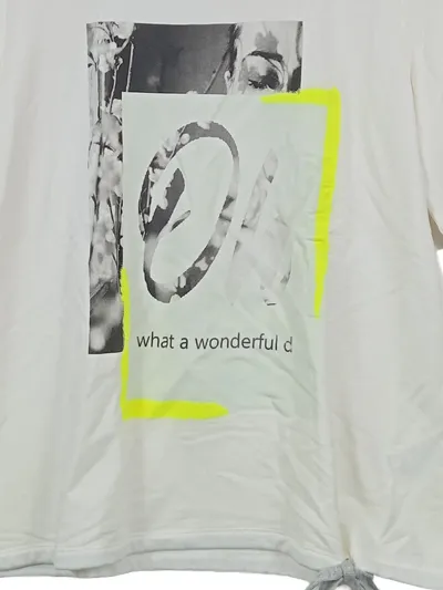 Oui Damen T-Shirt Gr. 40 Weiß Grafisch Schriftzug Modal Freizeit Casual