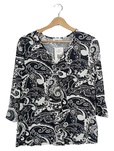 FRANK WALDER Damen Langarmshirt Paisley V-Ausschnitt Gr. 42 Schwarz Weiß