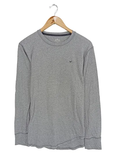 Hollister Herren Langarmshirt Gr. M Grau Meliert Logo Baumwolle Casual