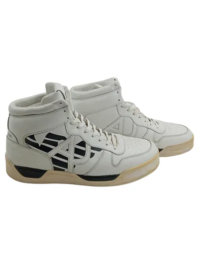 Armani Jeans High Top Sneaker Herren Gr. 45 Weiß Leder Logo