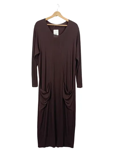 Hopsack Damen Maxikleid Langarm Taschen Braun Gr. 48 Viskose