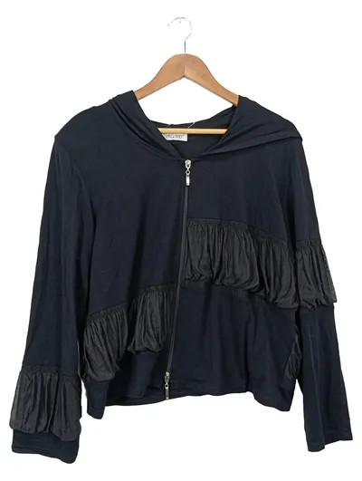 LEINS Damen Strickjacke XL Schwarz Kapuze Rüschen Casual Feminin