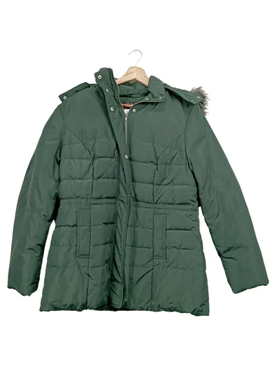 BPC Bonprix Collection Damen Steppjacke Gr. 44/XXL Grün Kapuze Fellbesatz