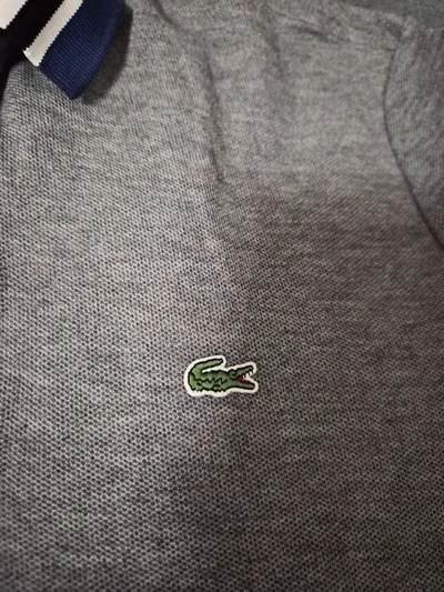 Lacoste Poloshirt Herren Gr. L grau gestreifter Kragen Baumwolle