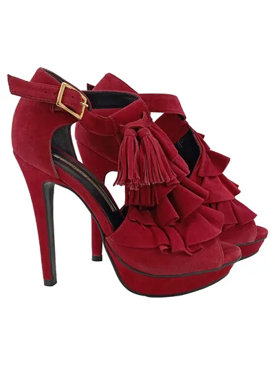 Buffalo London Sandaletten Damen Gr. 36 Rot Feminin High Heels Rüschen Quasten