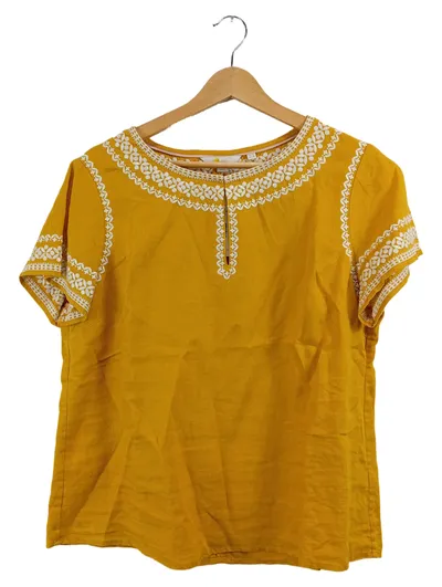 Boden Damen Bluse Gr. 38 Gelb Leinen Stickerei Kurzarm Bohemian