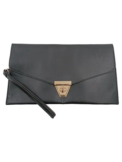 Koton Damen Clutch Schwarz Elegant Goldverschluss 32x19 cm Abendtasche