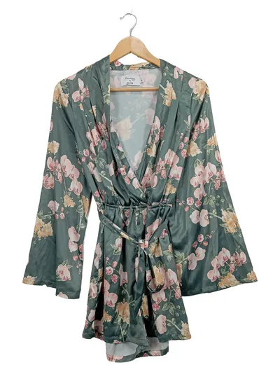 NA-KD Morgenmantel Blumenmuster Petrol S/36 Damen Langarm Freizeit