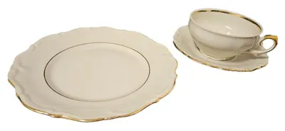 Bavaria Sammelgedeck Teller Tasse Untertasse Beige Porzellan Goldrand