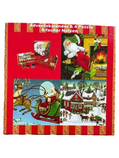 Adventskalender mit 4 Puzzle Weihnachtsmann Motiv Rot Kinder