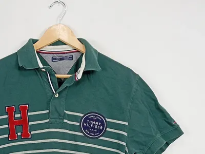 Tommy Hilfiger Herren Poloshirt Gr. M Grün Gestreift Baumwolle Preppy