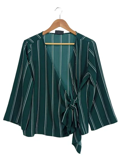 Monki Damen Bluse Grün Gestreift Wickelbluse Gr. 38/M Casual