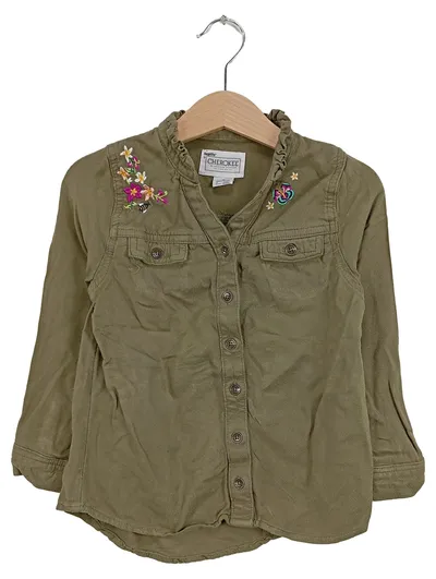 Cherokee Mädchen Bluse Gr. 98 Oliv Blumen Stickerei Langarm
