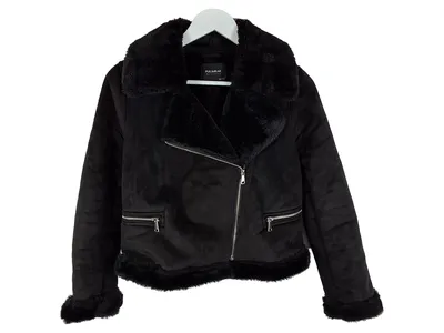 Pull & Bear Damen Kunstleder Felljacke Reißverschluss Kunstpelz Schwarz M
