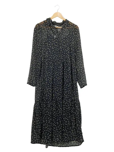 ICHI Damen Blusenkleid Gr. 36 Schwarz Herzmuster Langarm Maxikleid