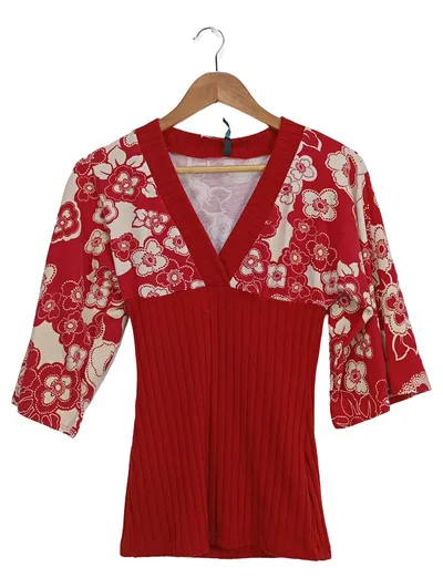 DOUBLE ZERO Damen Bluse 3/4-Arm Floral Rot Gr. 38/M Rüschen Rippstrick
